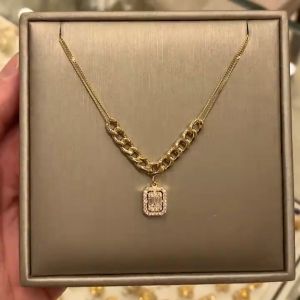 Golden Emerald & Round Cut Pendant Cuban Chain Necklace