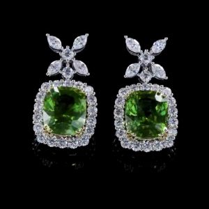 Two Tone Halo Cushion Cut Peridot Sapphire Drop Earrings