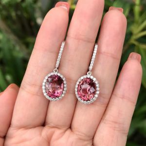 Halo Oval Cut Pink Sapphire Drop Earrings