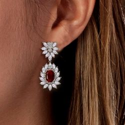 Halo Oval Cut Created Ruby Sapphire Drop Earrings