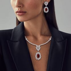 Halo Oval Cut Created Ruby Sapphire Necklace & Earrings Set