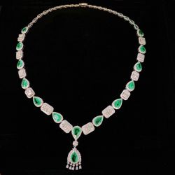 Halo Created Emerald Pear Cut Pendant Necklace