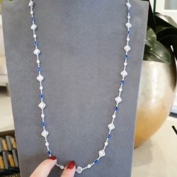 Halo Oval & Round Cut Created Blue Sapphire Long Necklace