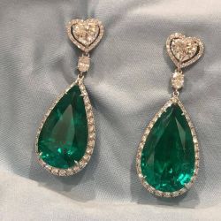 Halo Pear & Heart Cut Emerald Drop Earrings