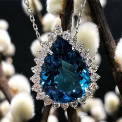 Halo Pear Cut Blue Topaz Necklace