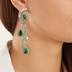 Two Tone Halo Pear Cut Green Drop Earrings