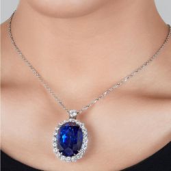 Halo Oval Cut Blue Pendant Necklace