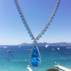 Mediterranean Blue Sapphire Halo Pear Pendant Necklace