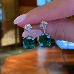 Two Tone Vivid Green Cushion Cut Drop Earrings