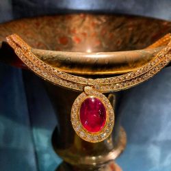Golden Double Row Chain Ruby Pendant Necklace