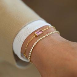 Golden Pink Sapphire & Round Tennis Bracelet