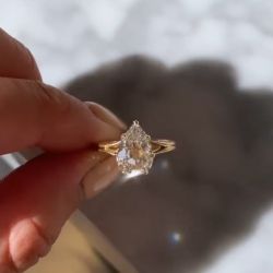 Golden Solitaire Pear Cut White Created Sapphire Engagement Ring