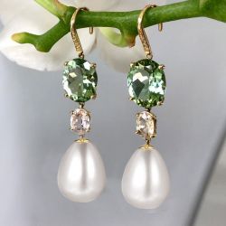 Golden Oval Cut & Pearl Emerald Drop Earrings