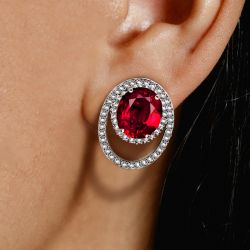Double Halo Oval Cut Ruby Sapphire Stud Earrings