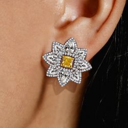 Two Tone Halo Cushion & Pear Cut Yellow Sapphire Stud Earrings