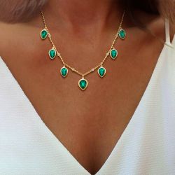 Golden Pear Cut Emerald Sapphire Pendant Necklace