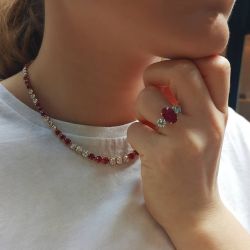 Two Tone Round Cut Ruby & White Sapphire Tennise Necklace & Ring Sets
