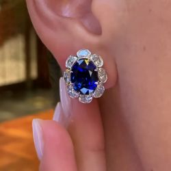 Sleek Bezel Oval Cut Royal Blue & White Sapphire Stud Earrings