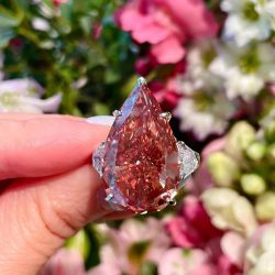Fancy Three Stone Pear Cut Deep Pinkish Sapphire Engagement Ring