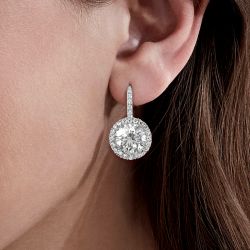 Halo Round Cut White Sapphire Drop Earrings