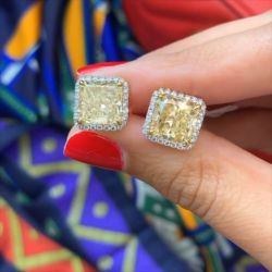 Two Tone Halo Cushion Cut Yellow Sapphire Stud Earrings