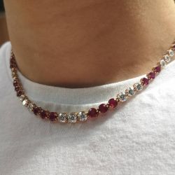 Stunning Rose Gold Round Cut Ruby & White Sapphire Tennis Necklace