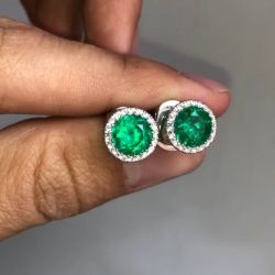 Halo Round Cut Emerald Sapphire Stud Earrings
