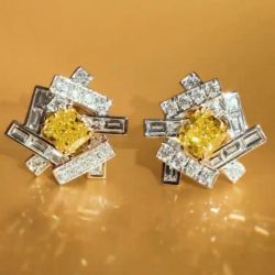 Two Tone Radiant Cut Yellow & White Sapphire Stud Earrings
