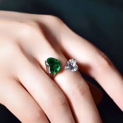 Open Design Double Heart Cut Emerald & White Sapphire Ring