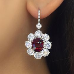 Halo Oval Cut Ruby & White Sapphire Drop Earrings