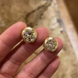 Brushed Gold Solitaire Round Cut Stud Earrings