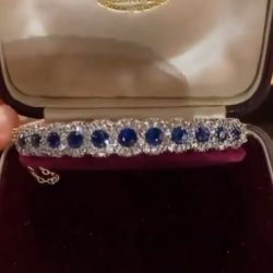 Vintage Two Tone Halo Round Cut Royal Blue Sapphire Bracelet