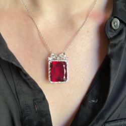 Two Tone Bowknot Design Halo Cushion Cut Ruby Sapphire Pendant Necklace