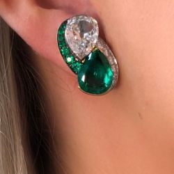 Two Tone Double Pear Cut Emerald Stud Earrings