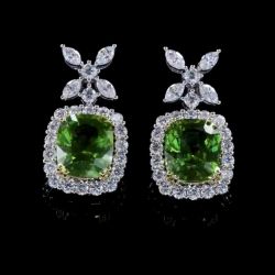 Two Tone Halo Cushion Cut Peridot Sapphire Drop Earrings