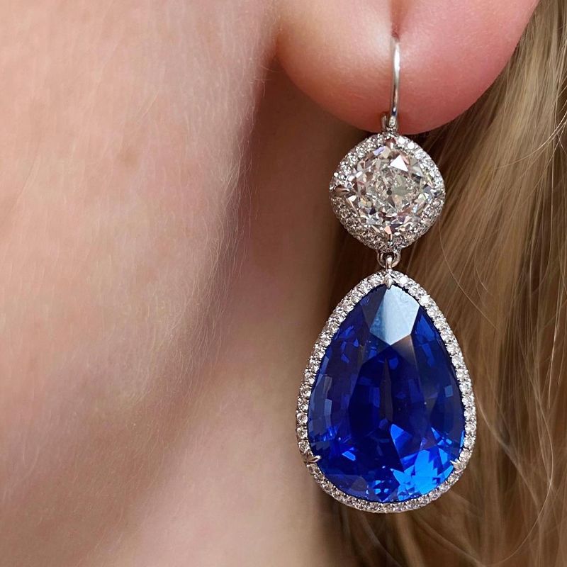 Blue Pear & Cushion Cut Drop Earrings
