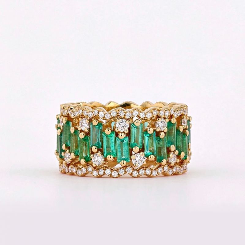 Triple Row Baguette Cut Golden Engagement Band
