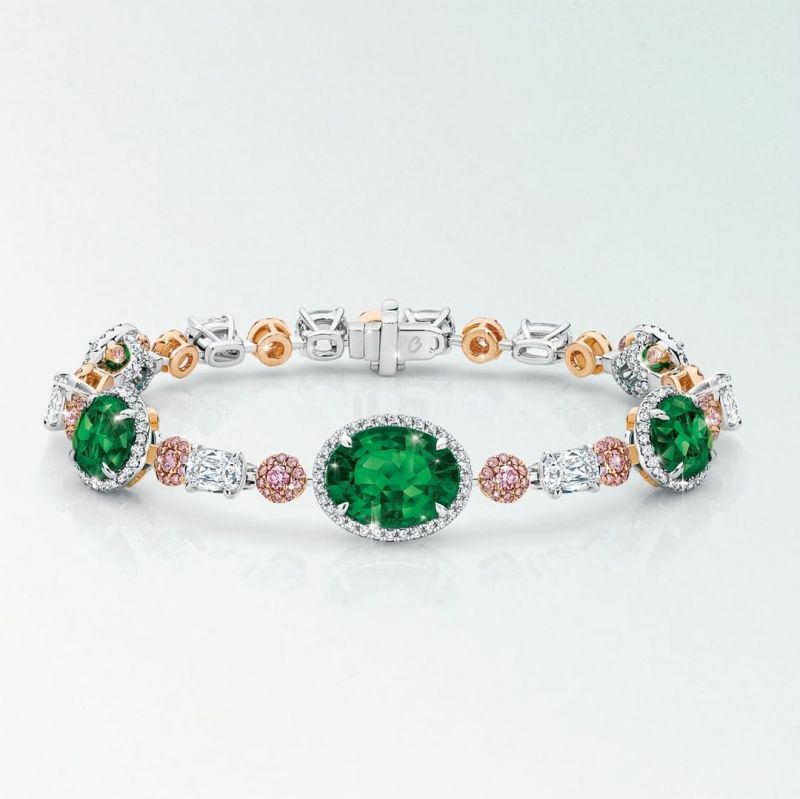 Two Tone Halo Oval Cut Emerald Sapphire Bracelet